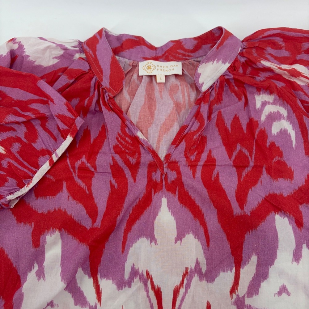Sheridan French Womens Red Pink Ikat Cotton Split Neck Puff Sleeve Tunic Top L